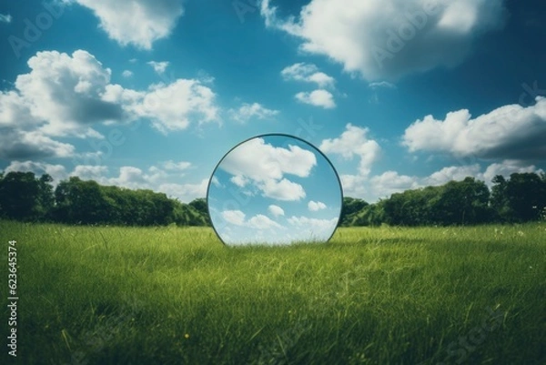 Fototapeta Grass reflects a serene blue sky and fluffy clouds in a round mirror, embodying a nature-inspired concept of tranquility and beauty. Generative AI