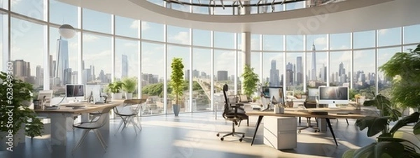 Fototapeta An image of a modern office with collaborative workspaces, green spaces, and a stunning panoramic view of the city. Generative AI.