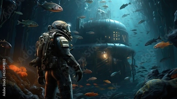 Fototapeta An image of a diver outside a secret underwater base, in a sci-fi setting. Generative AI.