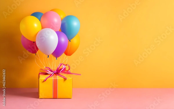 Fototapeta Colourful balloons bunch tied with a gift box on a yellow wall background with copy space