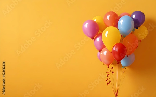 Fototapeta Colourful balloons bunch on a yellow wall background with copy space