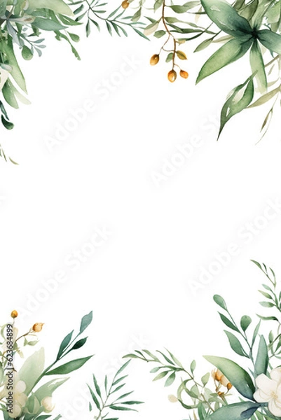 Fototapeta Rustic invitation cards with herbal twig branches wreath and corners border frames.