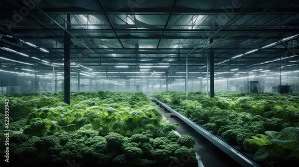 Fototapeta Hydroponic indoor vegetable plant factory in exhibition space warehouse. Interior of the farm hydroponics. Green salad farm. Lettuce Roman growing in greenhouse with led lightning. Generative Ai.