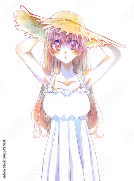 Fototapeta 麦わら帽子を被ったロングヘアの女の子　押さえる　茶髪