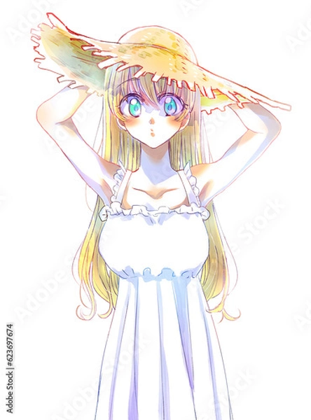 Fototapeta 麦わら帽子を被ったロングヘアの女の子　押さえる　金髪　碧眼