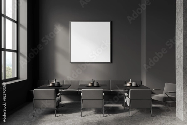 Fototapeta Grey restaurant interior with table and sofa, panoramic window. Mockup frame