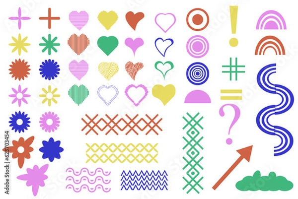 Fototapeta Set of Trendy abstract shapes. Flower, heart, circle, arrow, grid, punctuation mark. Retro Groovy Style. Modern 90s, 2000s style. Elements for posters design, stickers. Y2k aesthetic. Vector Art. 