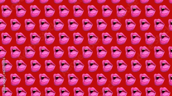 Obraz trendy colorful repeating pattern of female lips or mouth on a red background.