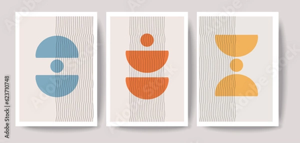 Obraz Mid Century Modern Art, Set of 3, Neutral Wall Art, Minimal half circle elements. Geometric organic balance shapes	