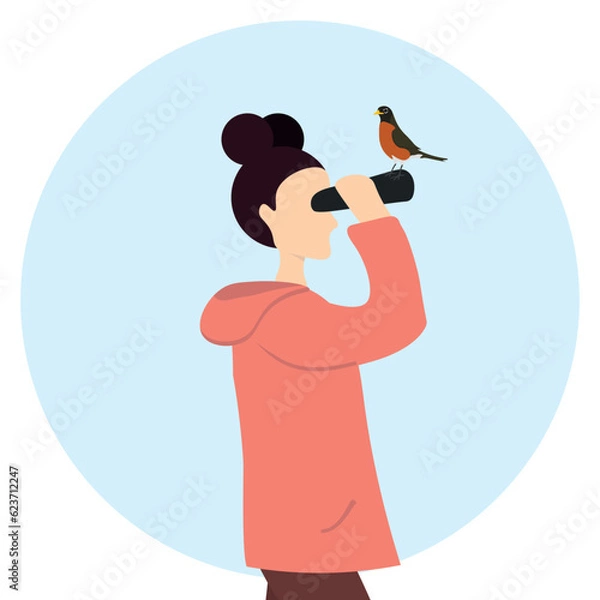 Fototapeta Birdwatcher girl with binoculars and bird. Woman ornithologist looking for American robin. Naturalist birdwatching. Tourist, outdoor activity, tourism, ornithology, birding. Vector illustration.