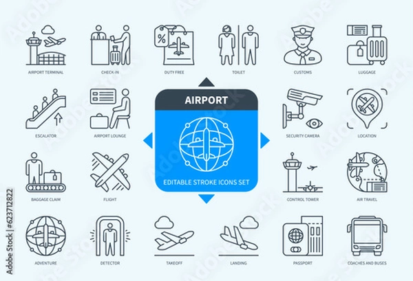 Fototapeta Editable line Airport outline icon set. Flight, Takeoff, Landing, Customs, Check-in, Travel, Luggage, Security Camera. Editable stroke icons EPS