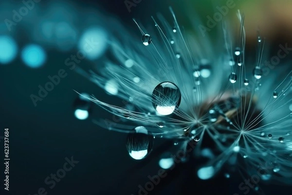 Fototapeta Beautiful dandelion in droplets of water on blue and turquoise background. Drops of dew sparkle on dandelion in rays of light. Ai generative.