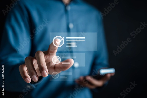 Fototapeta Checklist business target marketing planning with quality management, Quality Assurance and improvement. Standardization, certification. Compliance to regulations service and standards.