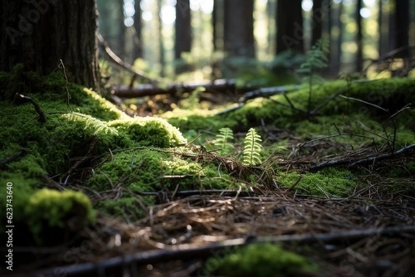 Obraz Freshly fallen pine needles on a rich, mossy forest floor