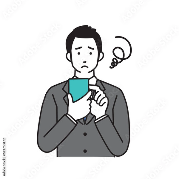 Fototapeta スマートフォンを持つ困った表情のビジネスマンのシンプルなイラスト
