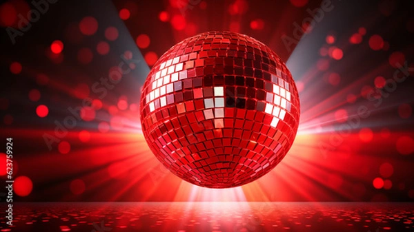 Obraz rote Discokugel mit Lichtern und Lichteffekten. Querformat. Generative Ai.