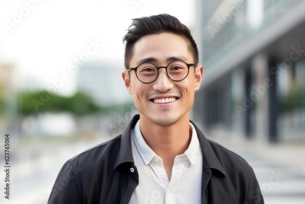 Obraz Portrait photography of a satisfied Chinese man in his 30s wearing glasses