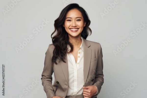 Obraz Portrait photography of a satisfied Indonesian woman in her 30s wearing a classic blazer against a white background 