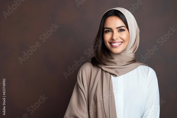 Fototapeta Portrait of a beautiful muslim woman wearing hijab smiling at camera