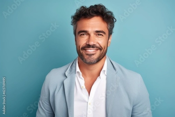 Fototapeta Portrait of handsome young man looking at camera and smiling while standing against blue background