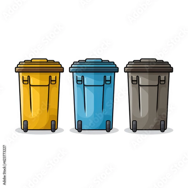 Fototapeta Three different colored trash cans on a white background. Generative AI.