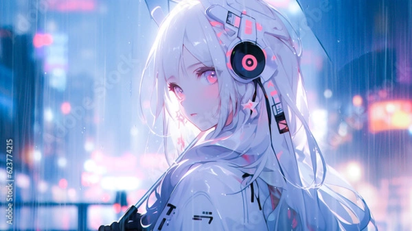 Obraz Anime girl character, cyberpunk cyborg in an urban cityscape on a rainy day. Created with Generative AI.