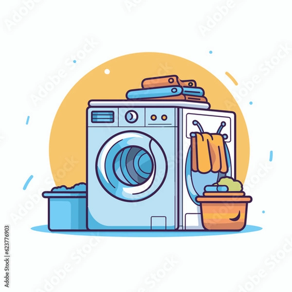 Fototapeta Vector of a flat icon vector of a washing machine next to a bowl of fruit