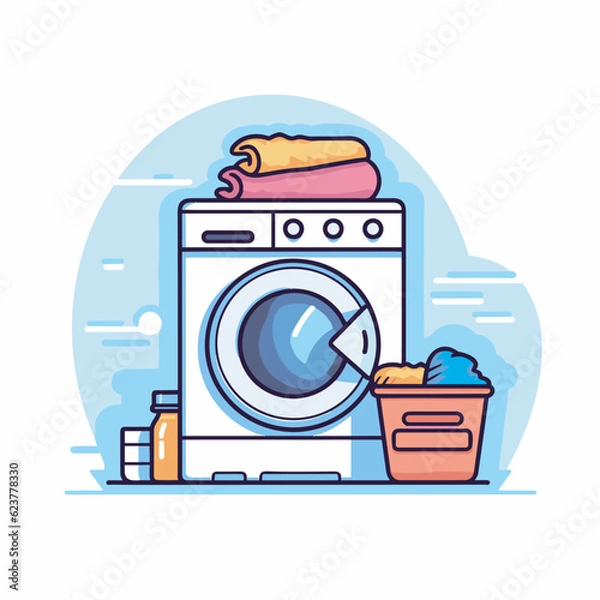 Fototapeta Vector of a flat icon vector of a washing machine with a basket of laundry next to it