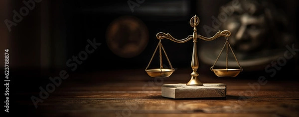 Fototapeta A golden scale on a wooden base is illuminated by a spotlight. Concept banners with copy space for justice, lawyers and court.