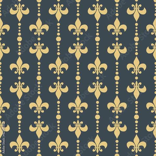 Fototapeta Seamless elegant pattern with Fleur De Lis and  dots and decoration in gold color on dark blue background