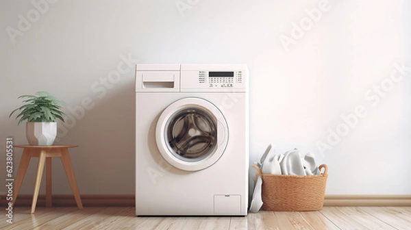 Fototapeta A Modern Washing Machine and Stylish Laundry Basket Complementing a White Wall