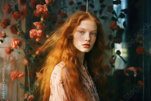 Fototapeta portrait of a woman/model/book character surrounded by flowers in warm daylight with a thoughtful expression in a fashion/beauty editorial magazine style film photography look - generative ai art