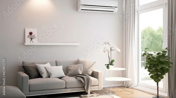 Fototapeta A seamlessly integrated air conditioner in a modern room, combining functionality and style for a comfortable and visually pleasing indoor environment. AI generated