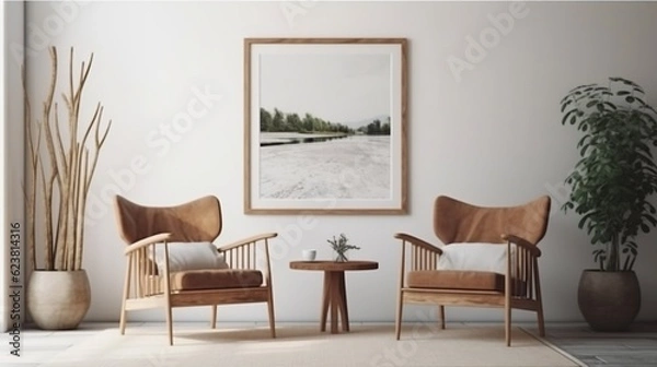 Fototapeta Two armchairs in a room with a white wall and a big frame poster on it generative ai