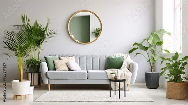Fototapeta Serene Living Room with a Comfortable Sofa, Lush Houseplants, and a Reflective Mirror. Generative AI