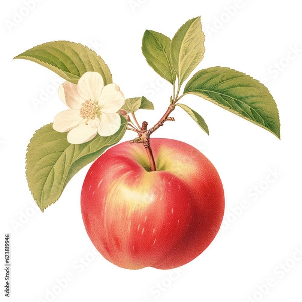 Fototapeta Botanical illustration, branch with Red Apple and flower in retro illustration style, PNG. Generative AI	