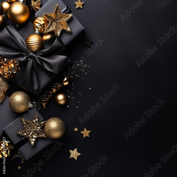 Fototapeta A Christmas background made of black and gold with black as the primary color with generative AI technology