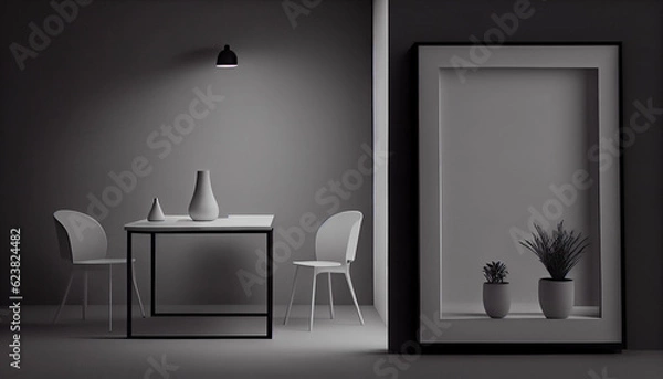 Fototapeta A table in front of a wall with a frame on it. Minimalistic interior design composition Ai generated image