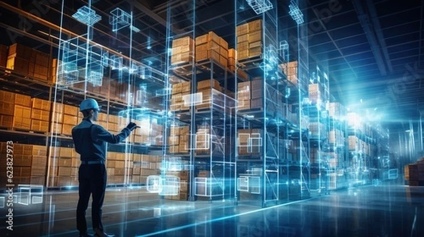 Fototapeta Future virtual reality technology for innovative VR warehouse management . Concept of smart technology for industrial revolution and automated logistic control