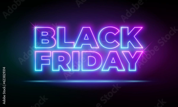 Fototapeta Black Friday Sale neon banner. Design signboard for blackfriday sale on black bacground. Glowing pink and blue neon letters in frame. Flying letters realistic vector illustration