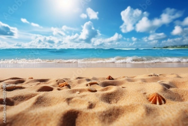 Fototapeta Beautiful sandy beach with seashells and blue sky on background