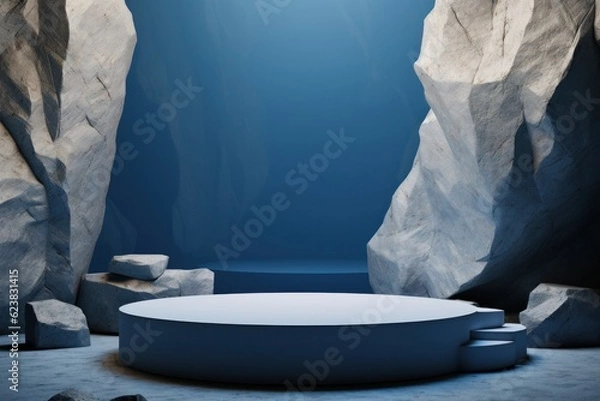 Fototapeta Podium, pedestal or platform for product presentation. Abstract blue background.