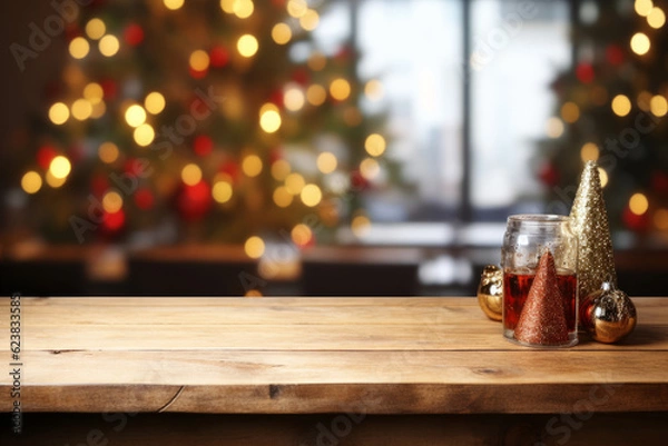 Fototapeta Empty wooden table in front of christmas tree. Space for text