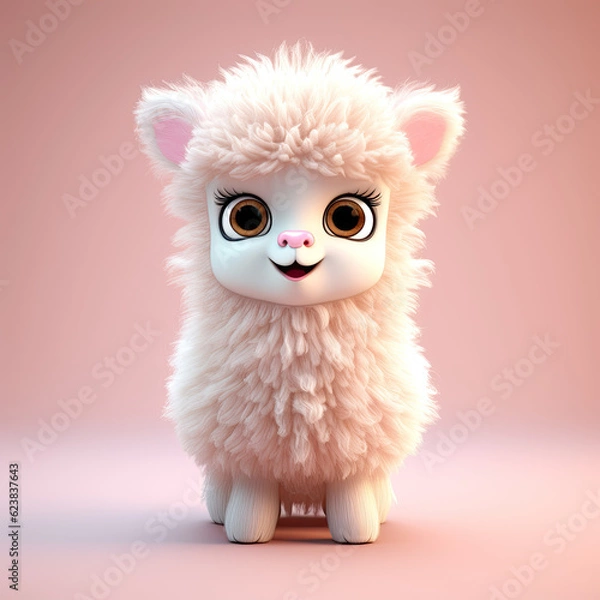 Fototapeta Cute Alpaca, 3d cartoon, big eyes, friendly, solid background, minimalistic