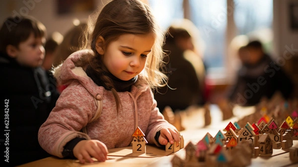 Fototapeta Toddler learning mathematics through blocks