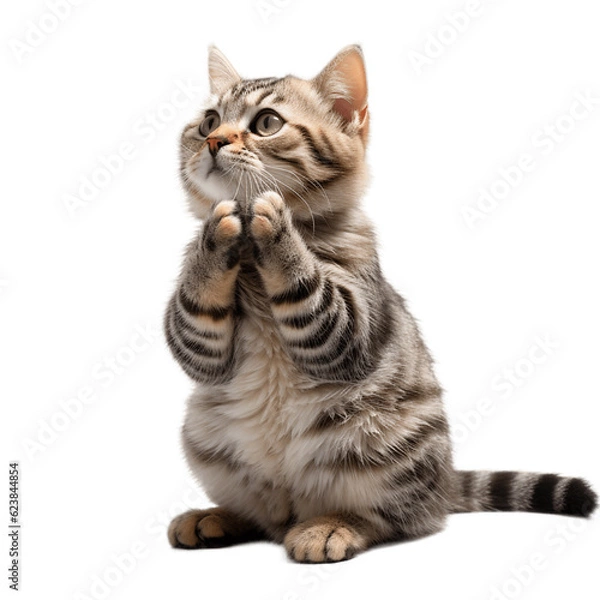 Fototapeta Cute can begging with its paws while looking up. No background 