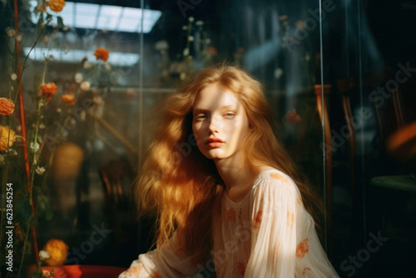 Fototapeta portrait of a woman/model/book character standing by a window in warm daylight with a thoughtful/sad expression in a fashion/beauty editorial magazine style film photography look - generative ai art