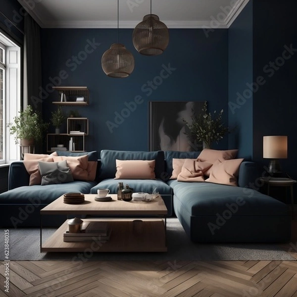 Fototapeta The interior design of the modern living room with a Beige corner sofa in the room and dark blue walls generative ai