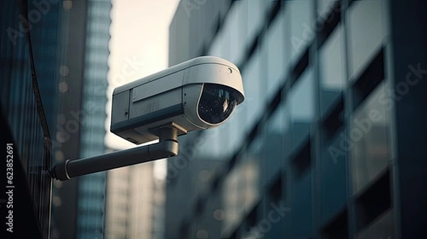 Fototapeta video surveillance camera (cctv) on the background of the city, 8k, generative ai