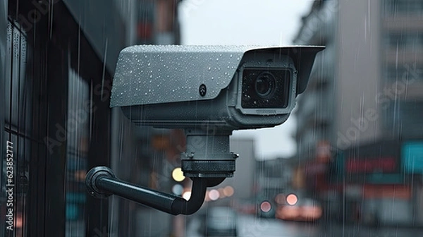 Fototapeta video surveillance camera (cctv) on the background of the city, 8k, generative ai